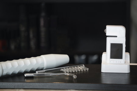 Darsonval device for hair and skin treatment, dermatology equipment system, hair loss and trichology concept. Electrotherapy stimulates treatmentの写真素材