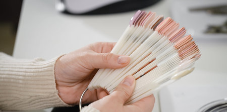 Choose nail polish from palette. Cropped view of the girl holding nail polish samples and choosing color while doing manicure in beauty salon. Beauty industry concept. Close up bannerの写真素材