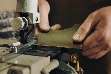 Machining leather in workshop. Cropped view of the man hands holding leather and cutting it with...