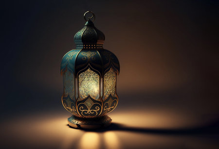 Ramadan Lantern with warm Light Glowing. Shiny Islamic symbol illustration for banner or greeting card. digital art for Muslim holy month. AI generatedの素材
