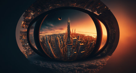 View on the futuristic evening city though virtual reality headset. Urban sunset scape in VR glasses. VR globe concept. IoT. AI generated imageの素材