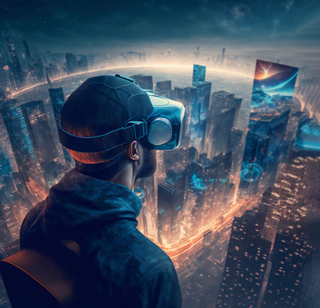 Man wearing virtual reality headset looking at digitally simulated urban metaverse at night. VR digital technologies make virtual life and world. AI generated content.の素材
