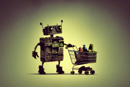 Robot pushing shopping cart full of groceries. Cartoon style 3D illustration, copy space. Metallic robot acting like human, having daily routines, buying food. AI generatedの素材