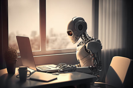 Humanoid working on laptop over the window at home, cup, plant. Robot acting like human. AI generatedの素材
