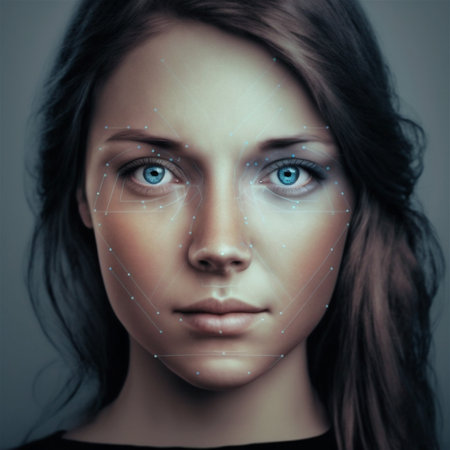 Woman face with facial recognition mesh. Biometric security system. Close-up. Access verification. AI generatedの素材