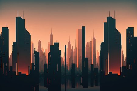 Red evening city though virtual reality headset. Urban sunset scape in metaverse. Futuristic Cartoon style illustration. AI generatedの素材