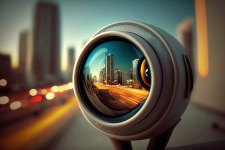 Security camera on the street, Speed control device. Device for traffic monitoring, facial recognition and real-time notifications. AI generatedの素材