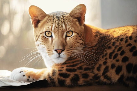 Bengal cat on windowsill looking like leopard, selective focus, close up portrait AI generatedの素材