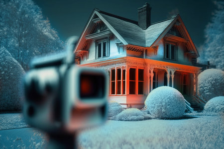 House exterior thermal survey image, leak of temperature, heat loss, energy efficiency. Infrared camera taking image of building, thermal leaks mapping. thermal resistance insulation AI generatedの素材