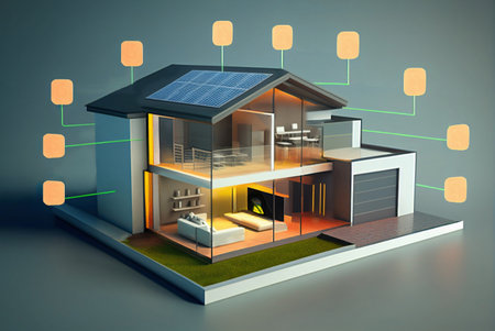 Smart house with solar panels, sketch in 3D with infographics . Project of home with security system, smart light, energy efficient. AI generatedの素材