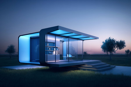 Smart home small private house 3D in sunset blue light, sketch in 3D. Project of hose with glass wall, patio, smart light, energy efficient. AI generatedの素材