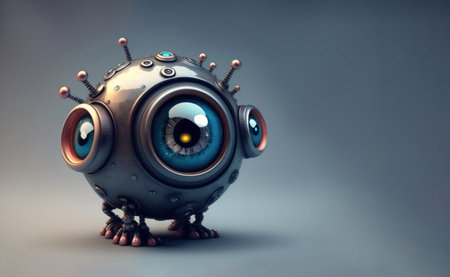 Robot eye on legs. Surveillance camera eye. Creature electronic cyber eye over grey background. Copy space. AI generatedの素材