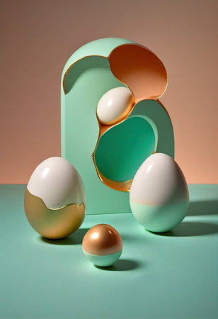 Decorative composition Trendy Easter eggs wallpaper, modern bright balance, background in pastel trendy colors, minimalistic. fine art. AI generatedの素材