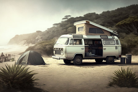 Camper van with roof top tent camping on Mediterranean sea coast. Holidays and travel in motorhome. Off season road trip. AI generatedの素材