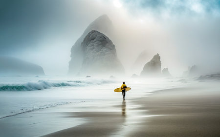 Foggy morning beach vacation. Person walking on the coast line with surfing board. Stormy sea line. AI generatedの素材