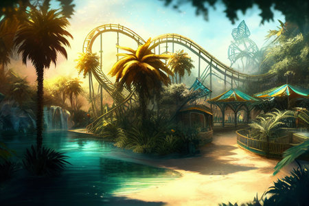 Theme park with roller coasters. Creative illustration of amusement park and rides. Tropic palms on sunset. No people. AI generatedの素材