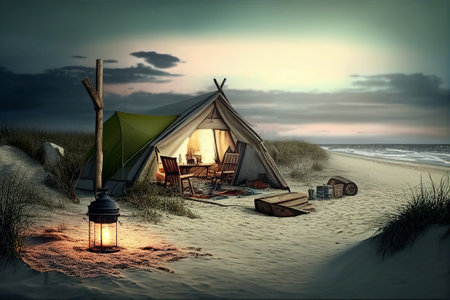 Tent camping on autumn sea coast. Bonfire by the water. Holidays and travel outdoors in offseason. Night camping on shore. AI generatedの素材