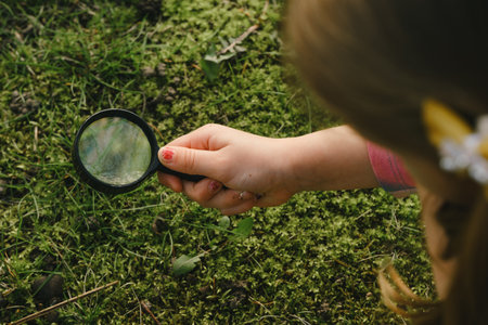 Kids hand with magnifying glass over moss in the forest. Nature search and exploration, top view, copy spaceの写真素材