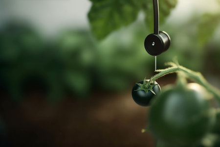 Automated Irrigation Systems on the field of tomato. Water drip irrigation. Close-up of tomato plant soil moisture sensor AI generatedの素材