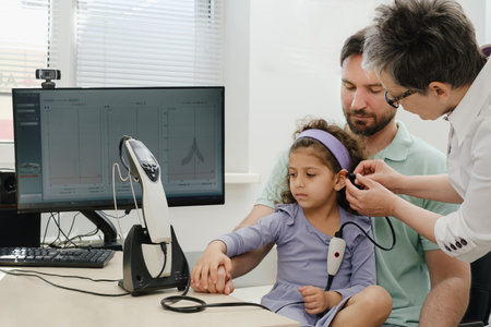 Child hearing test. Doctor audiologist consulting father of girl ear and assess disorder of hearing using screening, diagnostic technologyの写真素材