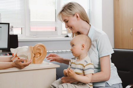 Woman with child consulting doctor for hearing checkup. Parent with infant kid visiting audiologist. Mother with baby at medical office or hospital. Earの写真素材
