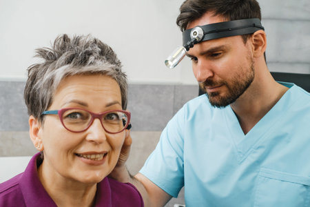Otolaryngologist doing checkup of mid aged woman at modern medical center. Portrait of audiologist...