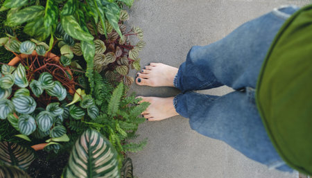 Banner. Woman standing near houseplants outdoors barefoot. Top view. Creative business concept. Confident female florist, owner of small business in workplace. Looking down. Copy space. Bannerの写真素材