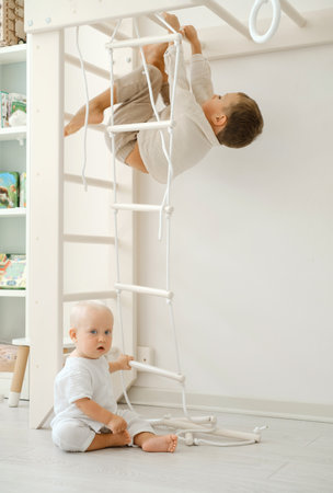 Children are exercising on Toddler Indoor Gym Playset. Kid climbing the ladder in playroom. Siblings spending time on home sports complex stairs. Brothers playing.の写真素材
