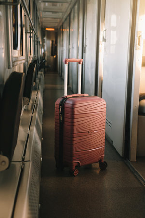 Red suitcase in the train. Baggage standing in the corridor of night sleeping train, Nobody. Empty wagon, cozy and comfortable travel, sunset light coming from the window.の写真素材