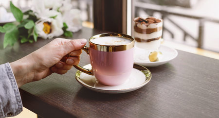 Pink coffee cup on the table in cafe over the window. Flowers and tiramisu served for morning drink. Hands holding cupの写真素材