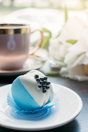 Blue macaroon dessert, original and stylish dessert in cafe in front of window, Hand holding plate with tasty sweetの写真素材