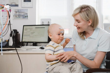 Woman with child consulting doctor for hearing checkup. Parent with infant kid visiting audiologist. Mother with baby at medical office or hospitalの写真素材