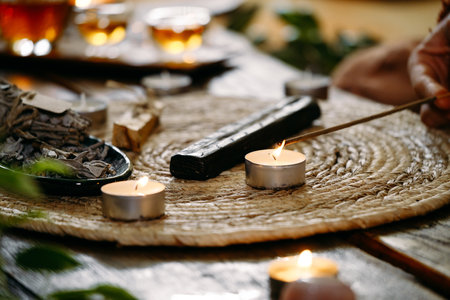 Burning aroma stick incense. Relaxing, stress relief, meditation smoke, refreshing, sensuality energizing Incense for aromatherapy with candleの写真素材