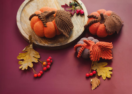 Knitted pumpkins top view. Knitted autumn decor on dark red background with fall leaves and berries. Copy spaceの写真素材