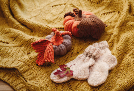 Knitted socks, pumpkins autumn background. threads for knitting and fall leafs. Handmade cozy decor on sweater backgroundの写真素材