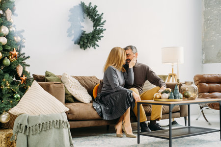 Couple celebrating romantic Christmas eve at home. Christmas interior decoration for family party. Copy space, greeting card. Middle-aged man and woman sitting on cozy couch, Tree and wreathの写真素材
