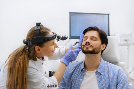 ENT doctor making nasal health assessmentの写真素材