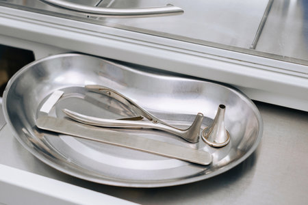 Close-up of metal ENT instruments in hospitalの写真素材