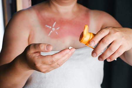 Woman applying sunscreen lotion on red sunburned chest skin