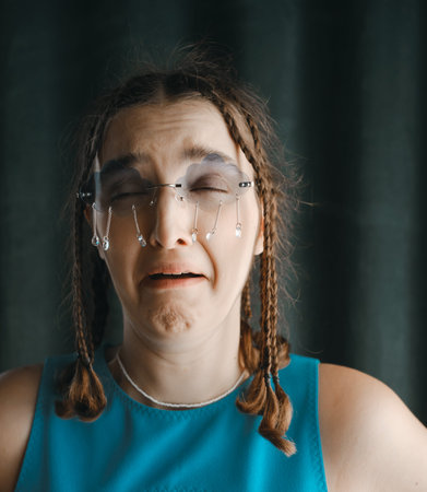 Young woman crying wearing conceptual cloud and rain glasses