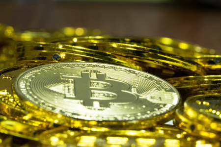Macro shot of pile of Bitcoin crypto digital currency financial industryの写真素材