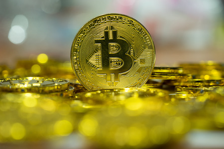 Bitcoin on blur background block chain digital currency financial industryの写真素材