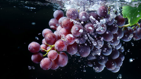 A bunch of grapes are falling into a glass of waterの素材