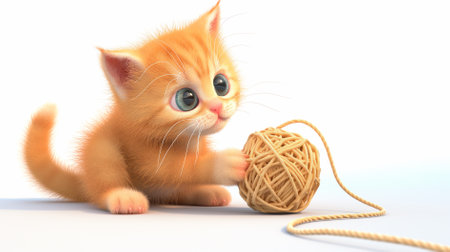 A cute orange kitten is playing with a ball of yarn. The kitten is holding the ball in its mouth and he is enjoying itself. Concept of playfulness and innocenceの素材