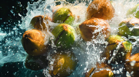 A bunch of coconuts are being washed in a stream of water. The coconuts are floating in the water and some are submergedの素材