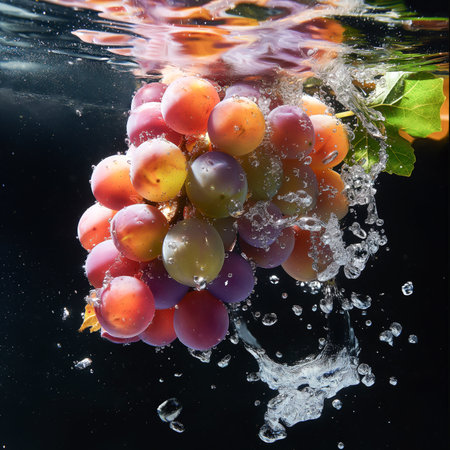 A bunch of grapes are falling into a body of waterの素材