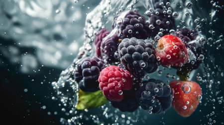 A bunch of ripe mixed berrys, with water droplets, falling into a deep black water tank, creating a colorful contrast and intricate splash patterns.の素材