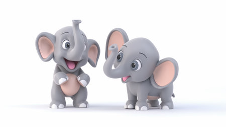 Two elephants are standing next to each other, one of which is smiling. The scene is lighthearted and playful, with the elephants appearing to be enjoying each other's companyの素材