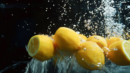 A bunch of ripe lemon, with water droplets, falling into a deep black water tank, creating a colorful contrast and intricate splash patterns.の素材