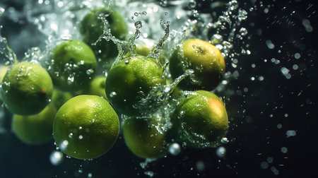 A bunch of ripe limes, with water droplets, falling into a deep black water tank, creating a colorful contrast and intricate splash patterns.の素材